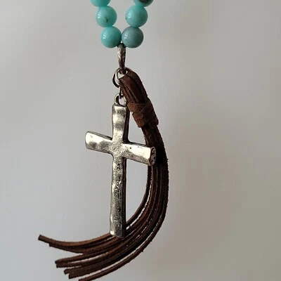 Collar con Cuentas Azul Cruz Colgante Gamuza Borla Martillado Tono Plata Suroeste Foto 1 de 4