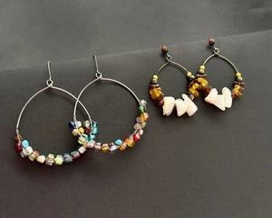 Multicolor Beaded Earrings & Agate Carnelian Boho style hoop earrings set of 2 - Picture 1 of 7