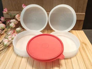 Tupperware Hamburger Keepers ~ Red Lid ~ Set of 4 EUC! - Picture 1 of 3