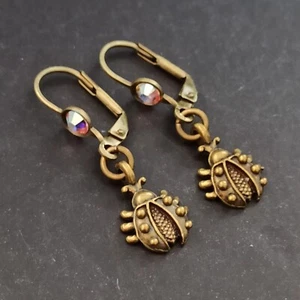 Michal Negrin Earrings Ladybug Aurora Borealis AB Crystal Signed Small Gift Box - Picture 1 of 11