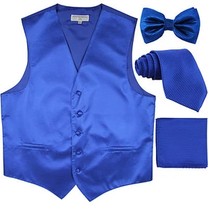 New Men's stripes Tuxedo Vest Waistcoat & necktie & Bow tie & Hankie Royal blue - Picture 1 of 5