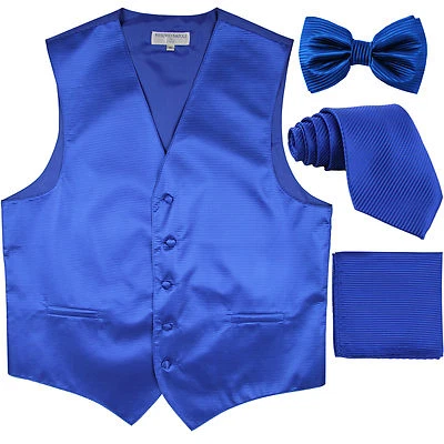 New Men's stripes Tuxedo Vest Waistcoat & necktie & Bow tie & Hankie Royal blue - Image 1 of 4