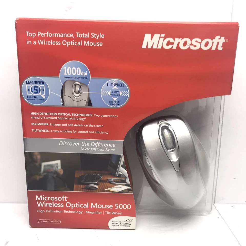 Microsoft Wireless Optical Mouse 5000 Tilt Wheel 4 Way Scrolling Open Box - Bild 1 von 4