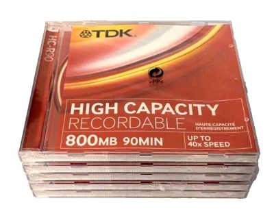 TDK CD-R90 High Capacity 5 PACK - 800MB / 90 MINS – Recordable CDR Discs - NEW - Image 1 of 4