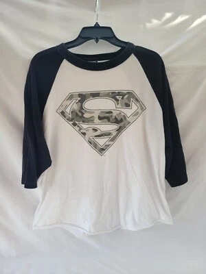 Superman Warner Bros. Camo Logo White with Black 3/4 Sleeve Shirt  *flaw*  XL - Image 1 of 4