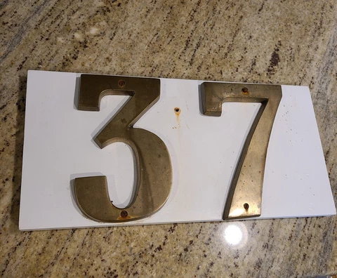 White Sign w/ Brass? Numbers 37. House Door  Plaque Rectangle 7.5x15" Cover