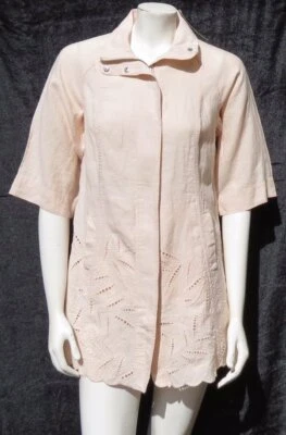 $149 NEW CHICO’S Pale Pink Eyelet Linen Zip Long Topper Jacket Top sz S 0 US 4 6 - Image 1 of 4