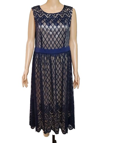 VALENTINO NOCTFLOS L Abito Pizzo Sovrapposizione Chiffon Midi Blu Navy Formale Regencycore Festival