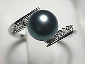 Fashion Black South Sea Shell Pearl White Gold Plated Crystal Ring Size: 7.8.9