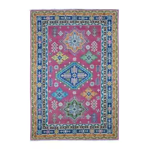 5 Fuß 9 Zoll x 8 Fuß 8 Zoll Rosa Fusion Kasak Kaukasisches Design Handgeknüpfter 100 % Wolle Teppich R20977 - Bild 1 von 6