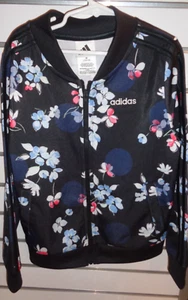 Adidas Girl's Medium 10/12 Black Jacket with Red White Blue Flowers NEW - Picture 1 of 7