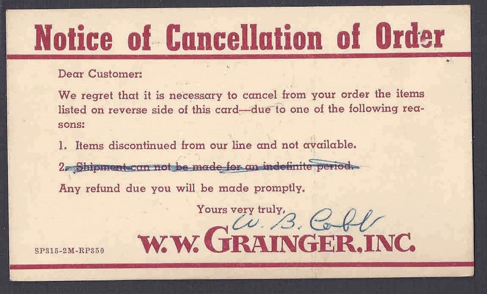 1932 POSTAL CARD W.W. GRANGER FAMOUS  CO,  CANCELLATION OF ORDER, CLEVELAND OH - Image 1 of 1