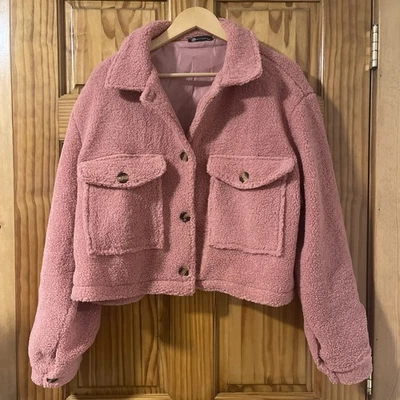 Pretty Garden Chic Rosa Sherpa Polar Chaqueta Recortada Bolsillos Talla XXL Foto 1 de 4