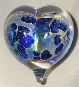 Türkis Silber Schleier Kunst Glas Herz Briefbeschwerer von Robert Burch mundgeblasen  - Bild 1 von 7