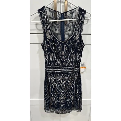 GB 海军蓝亮片串珠无袖鸡尾酒会迷你连衣裙 S 码 — 第 1/4 张图片