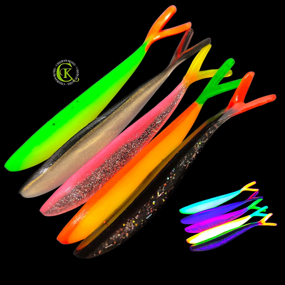 5x 10,5 cm Splitt Shad UV Gummifisch Köder Kunstköder Swimbait Drop Shot Barsch - Bild 1 von 1