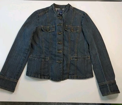 Chaqueta de mezclilla Baccini para mujer mediana lavada oscura abotonada elástica ajustada informal  Foto 1 de 4