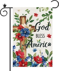 Memorial Day Patriotic 4th of July Garden Flag Double Sided, Cross Floral God Bl - Picture 1 of 7