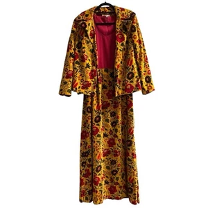 Vintage Les Wilk Jacket Dress Womens 12 Red Yellow Velour Floral Maxi 70s Boho - Picture 1 of 14