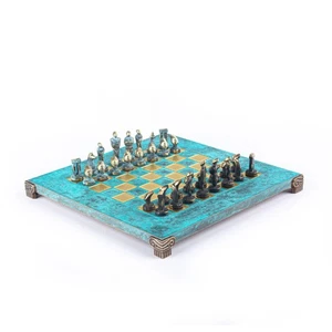 Cycladic Art Metal Chess Set Solid Brass Board 28cm Turquoise Manopoulos S22BTIR - Picture 1 of 7