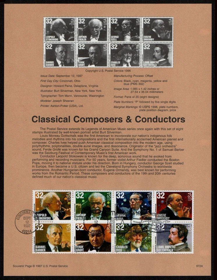 USA, SCOTT # 3158-3165, SOUVENIR PAGE MUSICAL COMPOSERS & CONDUCTORS, YEAR 1997 - Image 1 of 1