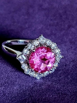 Vintage Style Pink Sapphire Halo Cocktail Ring Sz 10 Sterling Silver Statement   - Image 1 of 4