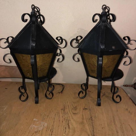 Pair Vintage Spanish Revival Mission Wrought Iron Glass Hanging Lantern Light Cover