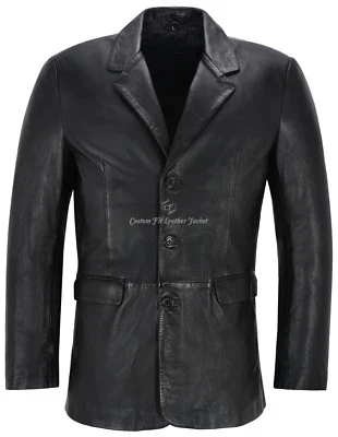 Men's Leather Blazer Black Classic Italian Tailored Soft Real Leather Slim Jim - Image 1 of 4