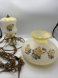 Vintage Pendant Light Milk Glass Shade Hurricane Hanging Chain Gold Yellow Rose - Picture 1 of 24