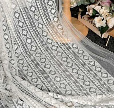1Yard Striped Cotton Embroidery Mesh Tulle Lace Fabric DIY Curtains Bridal Dress - Image 1 of 4