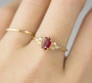 Real 10K Gold Women Ring With 0.50CT Oval Cut Ruby & 0.03CT Round Cut Moissanite - Picture 1 of 5