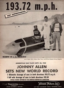 1955 Triumph Thunderbird Motorcycle "Johnny Allen World Record" Original Ad - Picture 1 of 1