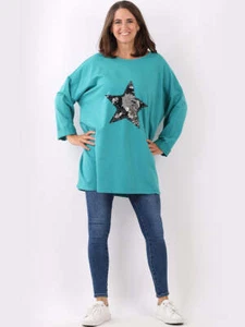 Ladies Fancy Oversized Top Made In Italy Sequin Star Chunky Cotton Baggy Shirt - Picture 1 of 20