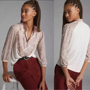 Anthropologie TINY Ruffled Embroidered Floral Top Blouse Pink Knit Pullover XS - Picture 1 of 14