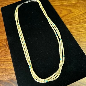 Native American Necklace Sterling Tips 3 Strand Heishi & Turquoise Beads Navajo - Picture 1 of 11
