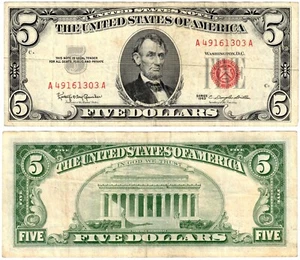 1963 USA United States Notes 5 Dollar Banknote P383 Red Seal Circulated o - Picture 1 of 1