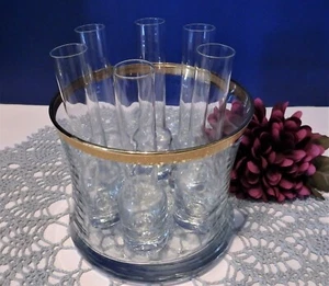 VTG GLASS ICE BUCKET W/ GOLD TRIM & 6 GLASS SHOT GLASSES ~ BAR SET ~ Mid Century - Bild 1 von 5