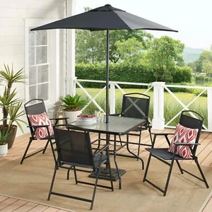 Patio Dining Set 6-Piece Black Outdoor Garden Table and Chairs Umbrella Backyard - Picture 1 of 6