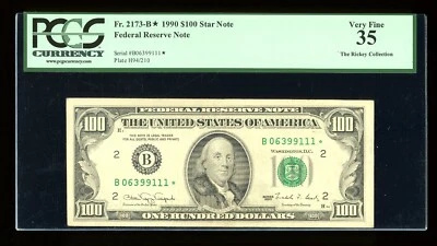 DBR 1990 $100 FRN New York STAR Fr. 2173-B* PCGS 35 Serial B06399111* - Image 1 of 2