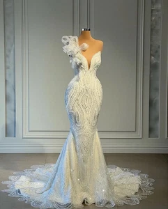 Elegant Mermaid Wedding Dresses V Neck Sparkly Beaded Lace Ruffles Bridal Gowns - Picture 1 of 6
