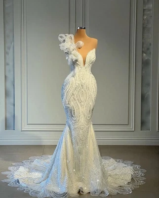 Elegant Mermaid Wedding Dresses V Neck Sparkly Beaded Lace Ruffles Bridal Gowns - Image 1 of 4