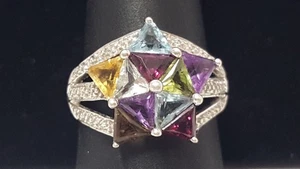 Multi Gemstone Star Sterling Silver Ring Sz 8.25 Triangle Stones Vintage 925 - Picture 1 of 19