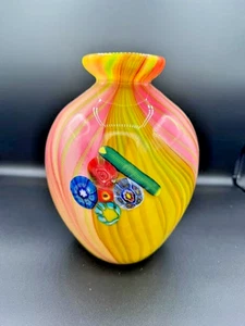 MCM Murano Style Millefiori Glass Vase with Pink, Green & Yellow Swirls - 10" - Picture 1 of 5