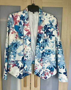 Mossimo Women's Blazer Sz L Open Front Blue White Career Floral Party Casual - Picture 1 of 3