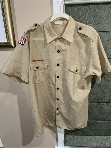 Poly Wool Boy Scout BSA UNIFORM SHIRT Men’s Large Short Sleeve Tan #1 ...