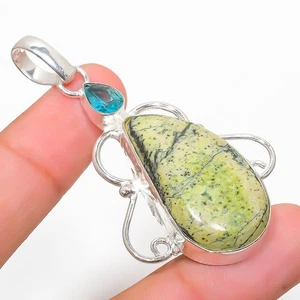 Ciondolo gioiello in argento sterling 925 con opale verde a fascia, pietra pr... - Foto 1 di 5