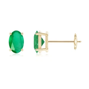 ANGARA Natural 0.8 Ct A-Grade Solitaire Oval Emerald Stud Earrings in 14K Gold - Picture 1 of 28