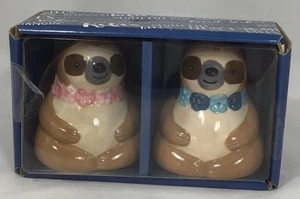 Sloth Salt and Pepper Shaker Set New In Box Ceramic 3” Pink And Blue Leis Cute! - Picture 1 of 8