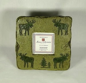 Rustic Style Moose & Trees Photo Frame Green 3.5" x 3.5" Slate Stone Resin - Picture 1 of 8
