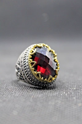 Anel masculino de prata esterlina 925 com pedra de zircão vermelho feito à mão turco - Imagem 1 de 4